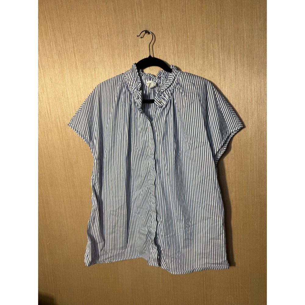 Pomander Place Blue White Striped Ruffle Neck Button Top XXL